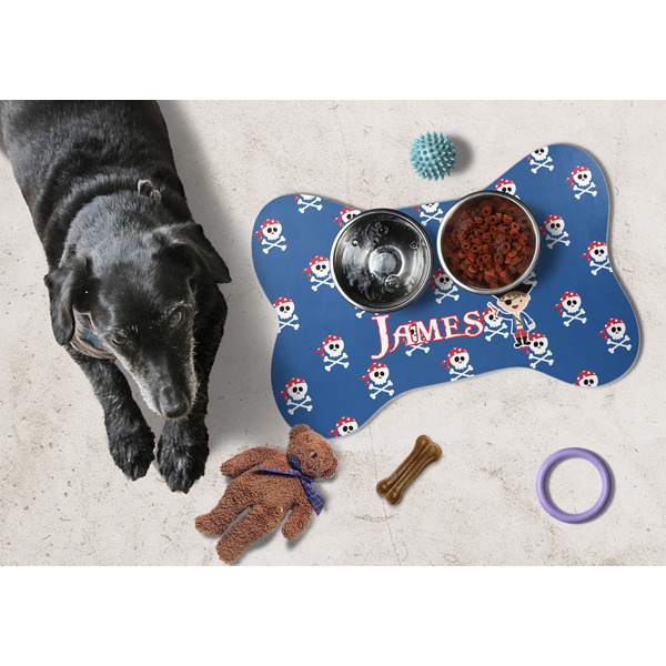 Blue Pirate Bone Shaped Mat w/ Food & Water