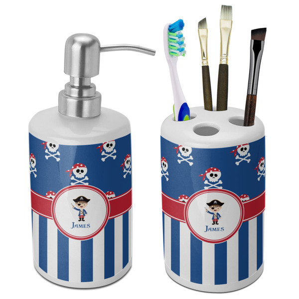 Custom Blue Pirate Ceramic Bathroom Accessories Set (Personalized)