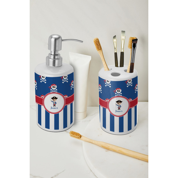 Blue Pirate Ceramic Bathroom Accessories - LIFESTYLE (toothbrush holder & soap dispenser)