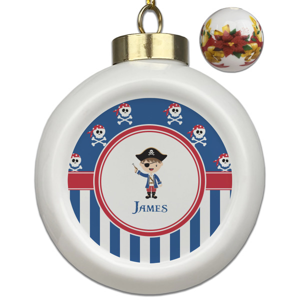 Custom Blue Pirate Ceramic Ball Ornaments - Poinsettia Garland (Personalized)