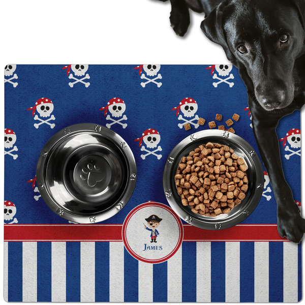 Custom Blue Pirate Dog Food Mat - Large w/ Name or Text