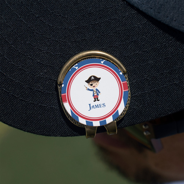 Blue Pirate Golf Ball Marker Hat Clip - Gold - On Hat