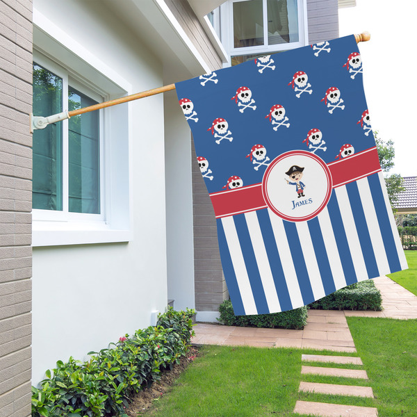 Blue Pirate House Flags - Double Sided - LIFESTYLE