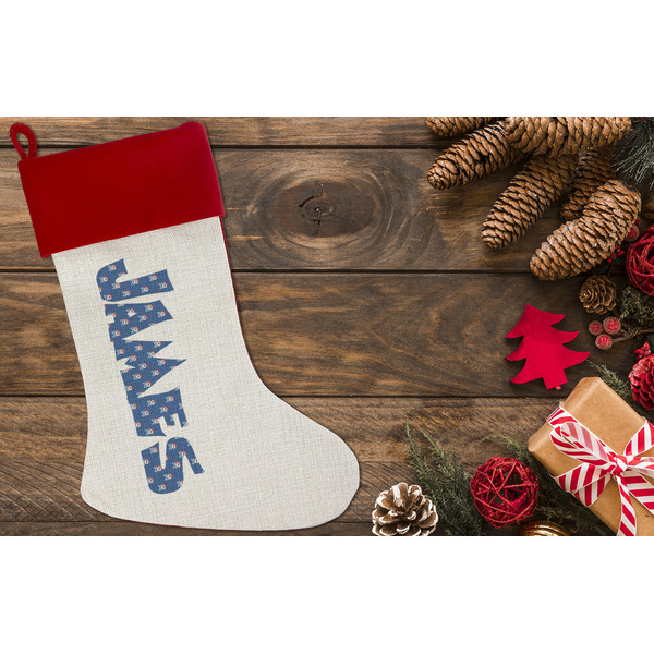 Blue Pirate Linen Stocking w/Red Cuff - Flat Lay (LIFESTYLE)
