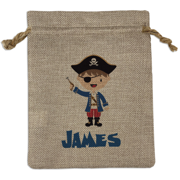 Custom Blue Pirate Medium Burlap Gift Bag - Front (Personalized)
