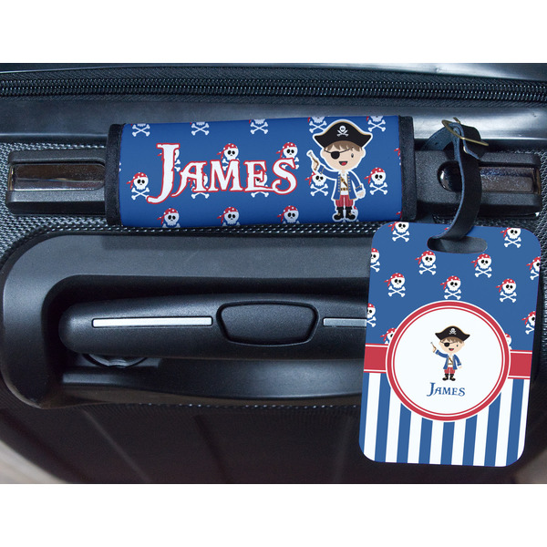Blue Pirate Metal Luggage Tag & Handle Wrap - In Context