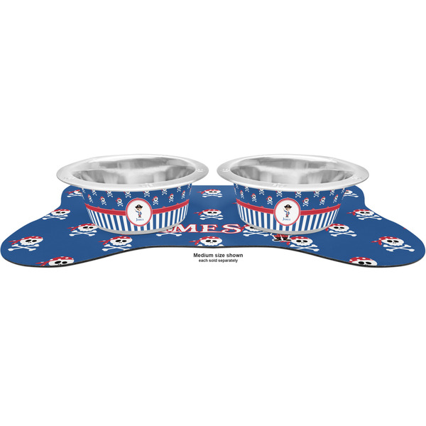 Blue Pirate Metal Pet Bowls - On Dog Bone Shaped Mat