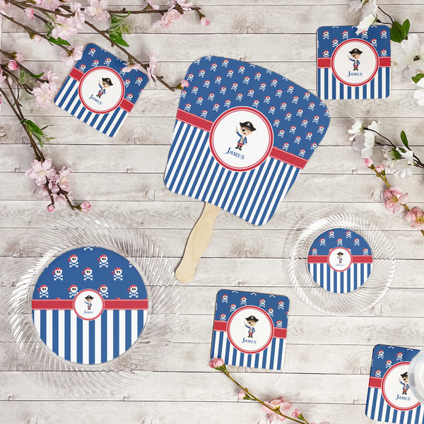 Blue Pirate Party Supplies Combination Image - All items - Plates, Coasters, Fans