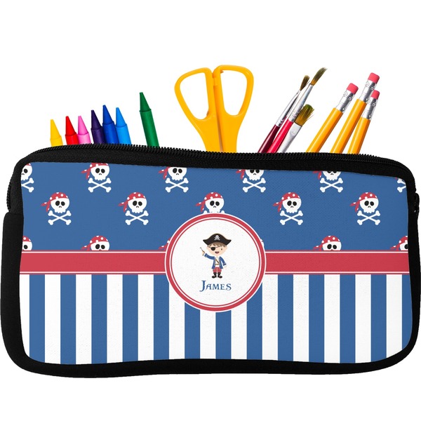 Custom Blue Pirate Neoprene Pencil Case - Small w/ Name or Text