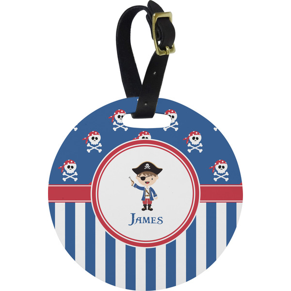 Custom Blue Pirate Plastic Luggage Tag - Round (Personalized)