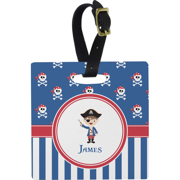 Custom Blue Pirate Plastic Luggage Tag - Square w/ Name or Text