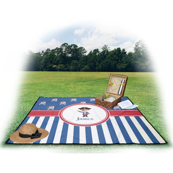 Blue Pirate Picnic Blanket - with Basket Hat and Book - in Use