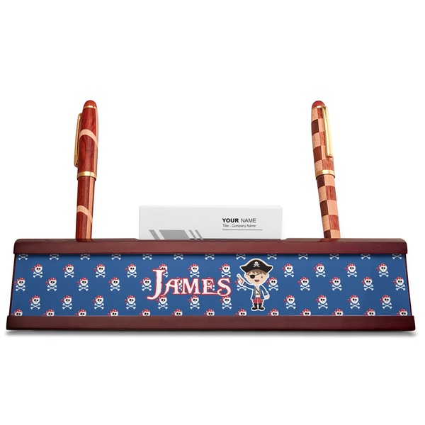 Blue Pirate Red Mahogany Nameplates with Business Card Holder - Straight