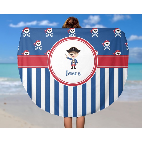 Blue Pirate Round Beach Towel - In Use
