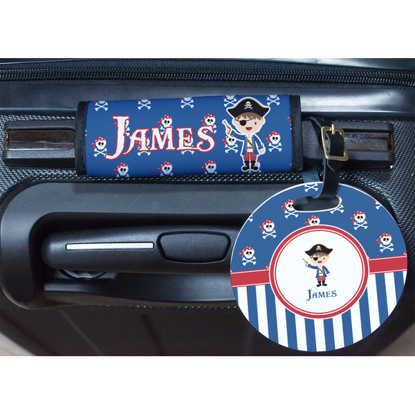 Blue Pirate Round Luggage Tag & Handle Wrap - In Context