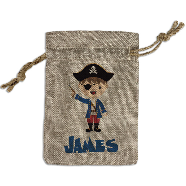 Custom Blue Pirate Small Burlap Gift Bag - Front (Personalized)