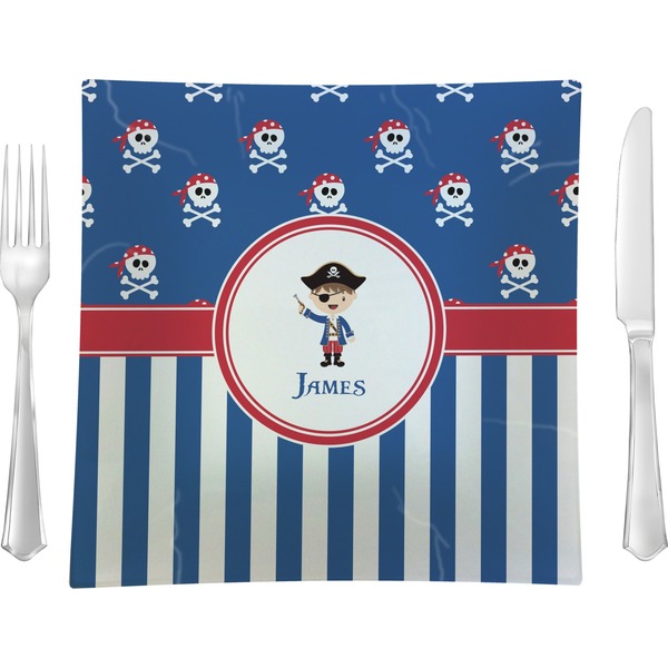 Custom Blue Pirate 9.5" Glass Square Lunch / Dinner Plate- Single or Set of 4 (Personalized)