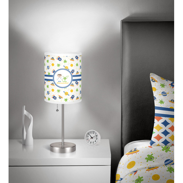 Boy's Space Themed 7 inch drum lamp shade - in room