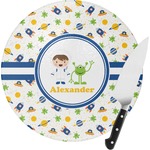Boy's Space Themed Round Glass Cutting Board - Small (Personalized)