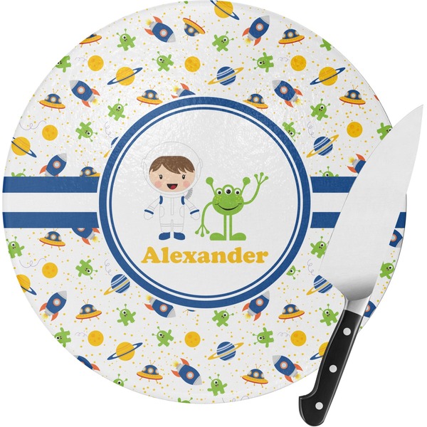Custom Boy's Space Themed Round Glass Cutting Board - Small (Personalized)
