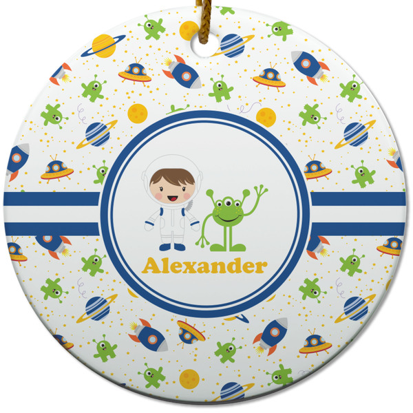 Custom Boy's Space Themed Round Ceramic Ornament w/ Name or Text