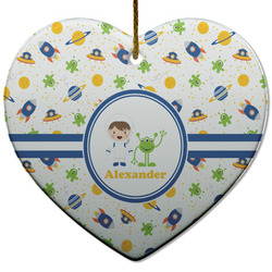 Boy's Space Themed Heart Ceramic Ornament w/ Name or Text