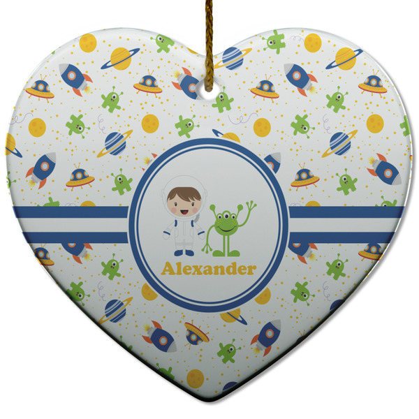 Boy's Space Themed Ceramic Flat Ornament - Heart (Front)