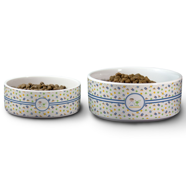 Boy's Space Themed Ceramic Dog Bowls - Size Comparison