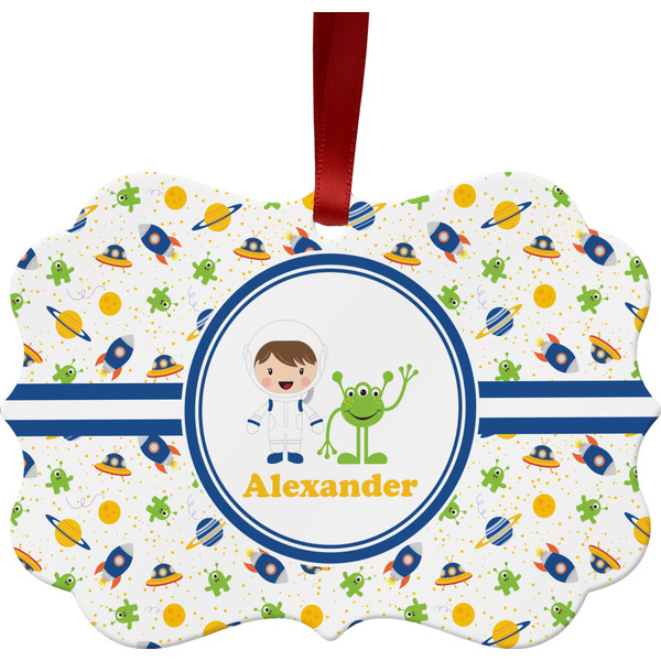 Custom Boy's Space Themed Metal Frame Ornament - Double Sided w/ Name or Text