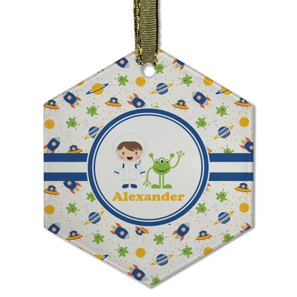 Custom Boy's Space Themed Flat Glass Ornament - Hexagon w/ Name or Text