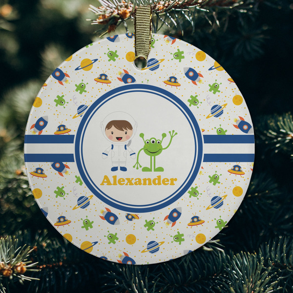 Boy's Space Themed Frosted Glass Ornament - Round (Lifestyle)