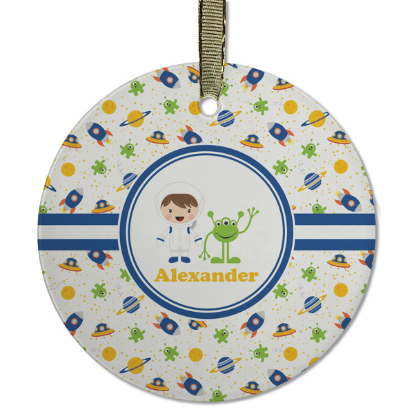 Custom Boy's Space Themed Flat Glass Ornament - Round w/ Name or Text