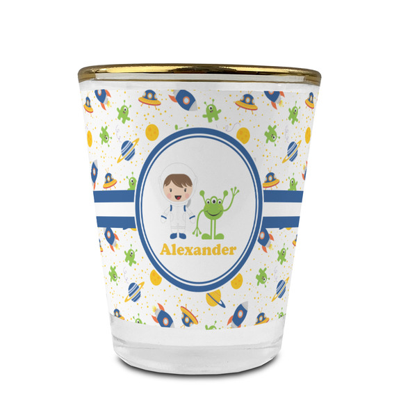 Boy's Space Themed Glass Shot Glass - With gold rim - FRONT