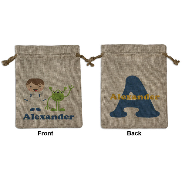 Custom Boy's Space Themed Medium Burlap Gift Bag - Front & Back (Personalized)