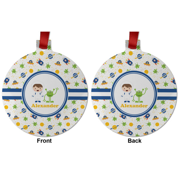 Boy's Space Themed Metal Ball Ornament - Front and Back