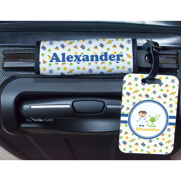 Boy's Space Themed Metal Luggage Tag & Handle Wrap - In Context