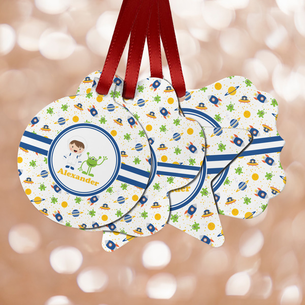 Custom Boy's Space Themed Metal Ornaments - Double Sided w/ Name or Text