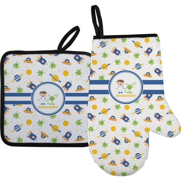 Custom Boy's Space Themed Oven Mitt & Pot Holder Set w/ Name or Text