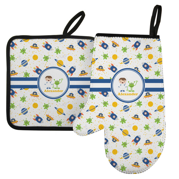 Custom Boy's Space Themed Left Oven Mitt & Pot Holder Set w/ Name or Text