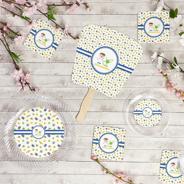 Boy's Space Themed Party Supplies Combination Image - All items - Plates, Coasters, Fans