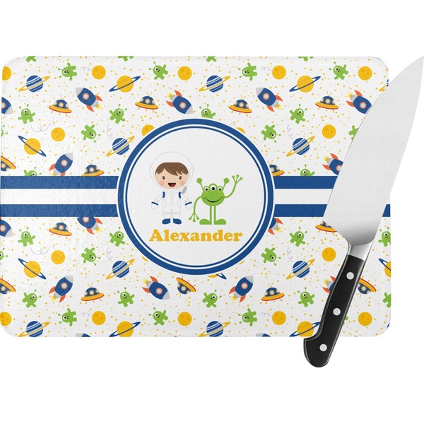 Custom Boy's Space Themed Rectangular Glass Cutting Board - Large - 15.25"x11.25" w/ Name or Text