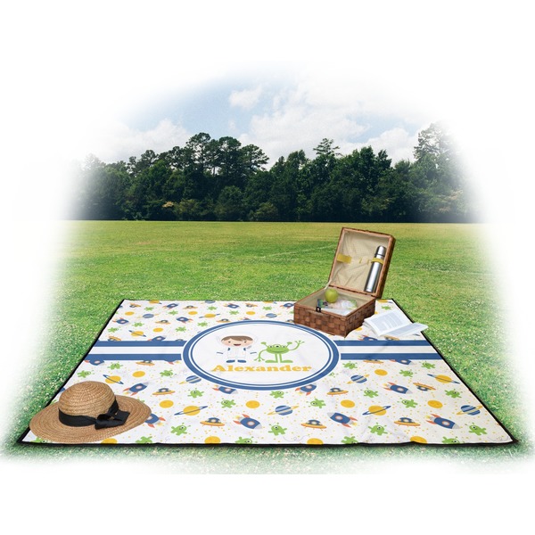 Boy's Space Themed Picnic Blanket - with Basket Hat and Book - in Use