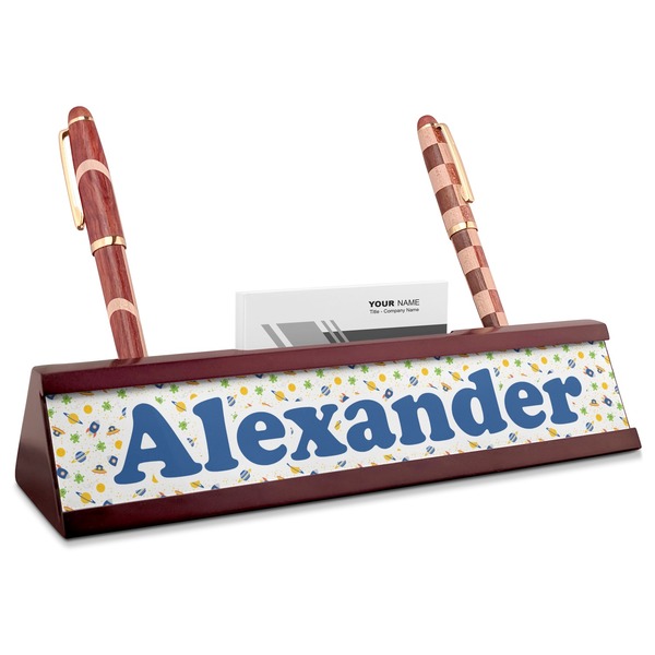 Custom Boy's Space Themed Red Mahogany Nameplate with Business Card Holder (Personalized)