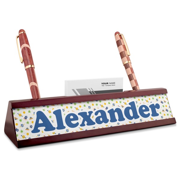 Custom Boy's Space Themed Red Mahogany Nameplate with Business Card Holder (Personalized)