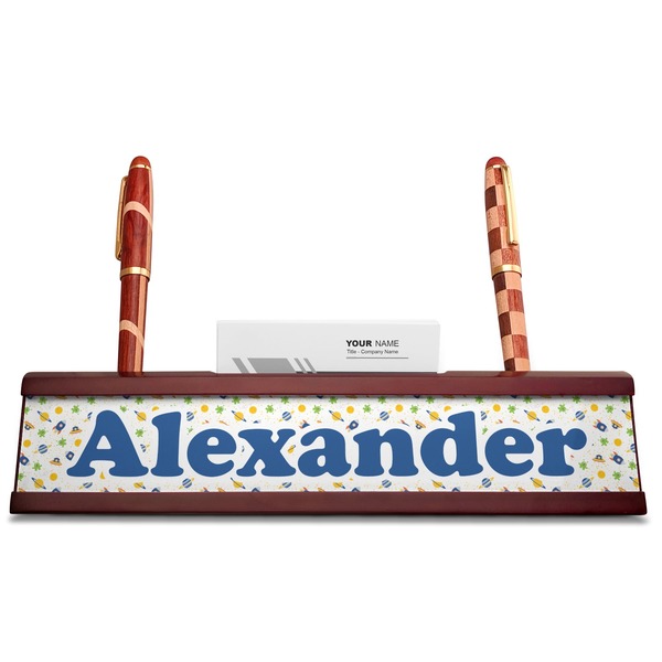 Boy's Space Themed Red Mahogany Nameplates with Business Card Holder - Straight