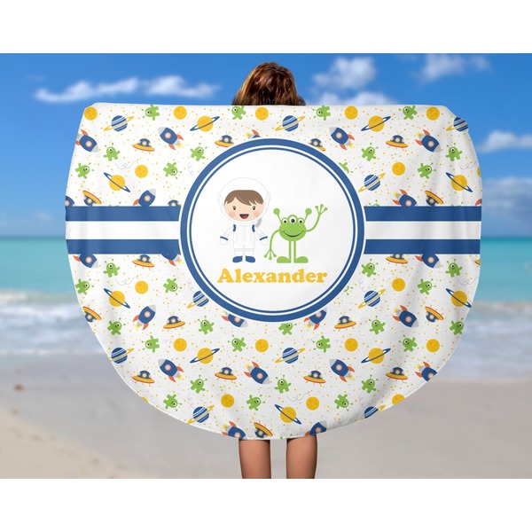 Boy's Space Themed Round Beach Towel - In Use
