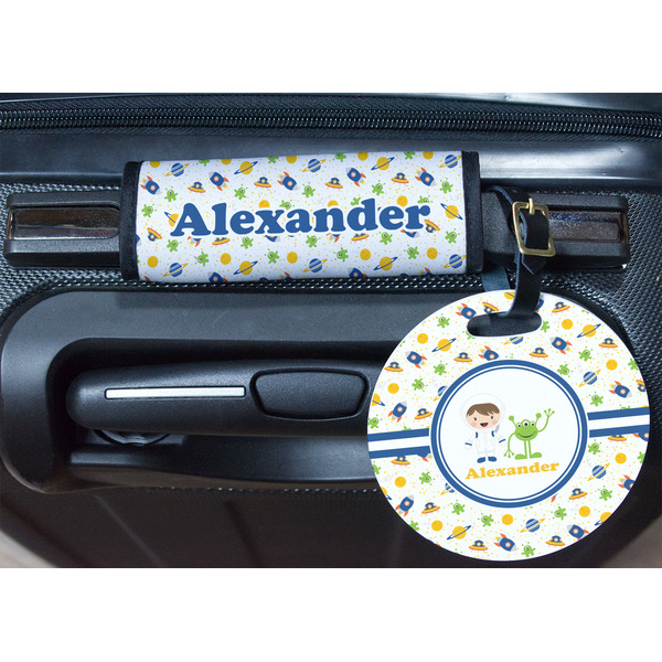 Boy's Space Themed Round Luggage Tag & Handle Wrap - In Context
