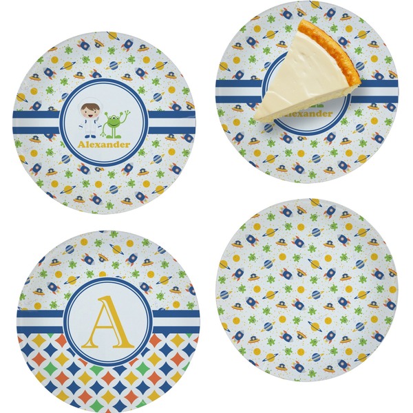 Custom Boy's Space Themed Set of 4 Glass Appetizer / Dessert Plate 8" (Personalized)