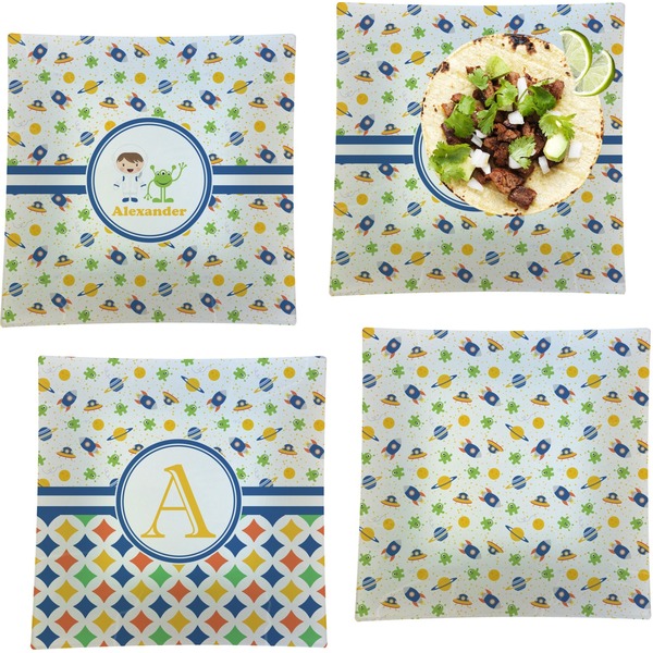 Custom Boy's Space Themed Set of 4 Glass Square Lunch / Dinner Plate 9.5" (Personalized)