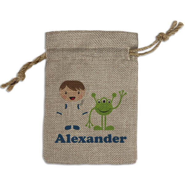 Custom Boy's Space Themed Small Burlap Gift Bag - Front (Personalized)